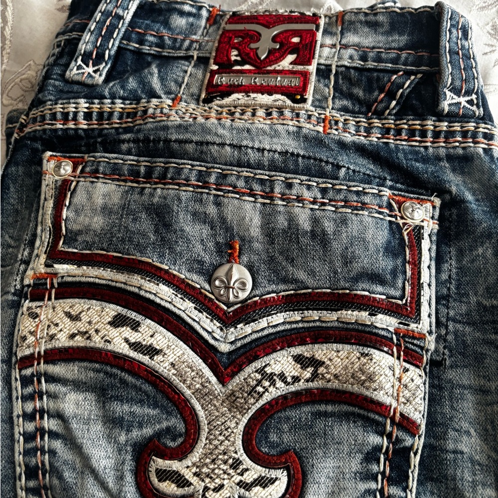 Men’s Rock Revival Blue Denim Jeans with Red and White Accents